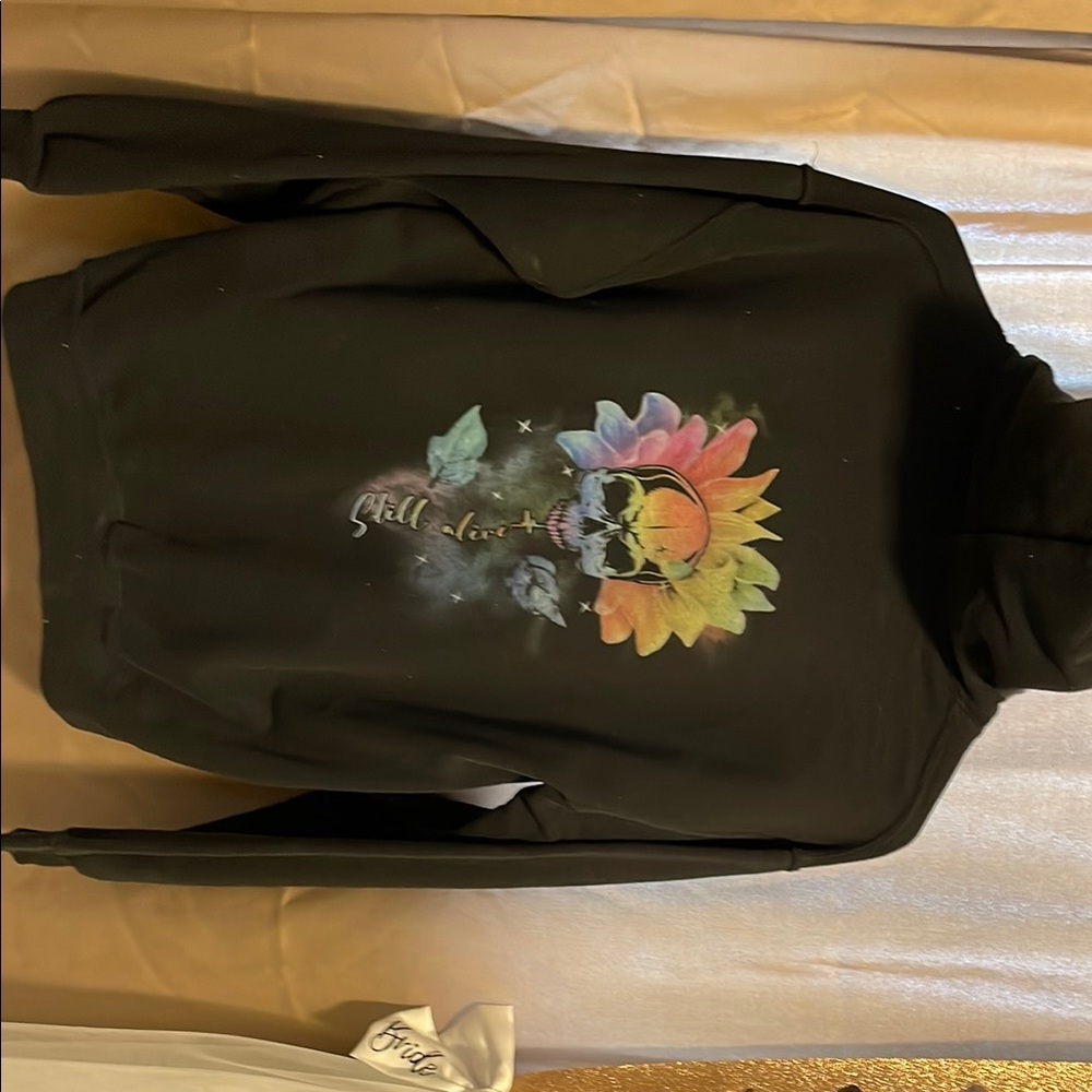 Black Hoodie with Colorful Skull and Flower Design
